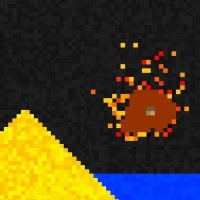 A screenshot of some sand falling, something burning, and some water chilling
